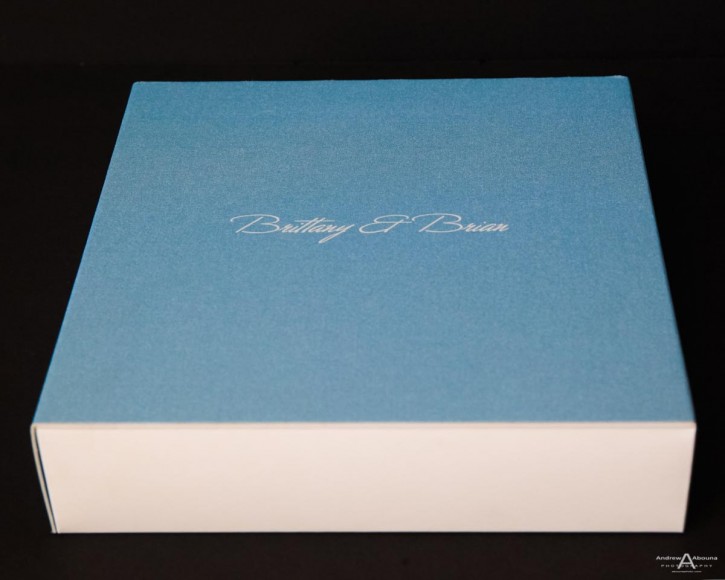 Brittany and Brian square leather die cut wedding book with suede spine by top wedding photographers of San Diego Andrew Abouna
